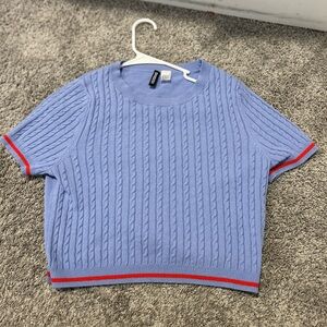 H&M Light Blue Cable Knit Sweater with Red Trim